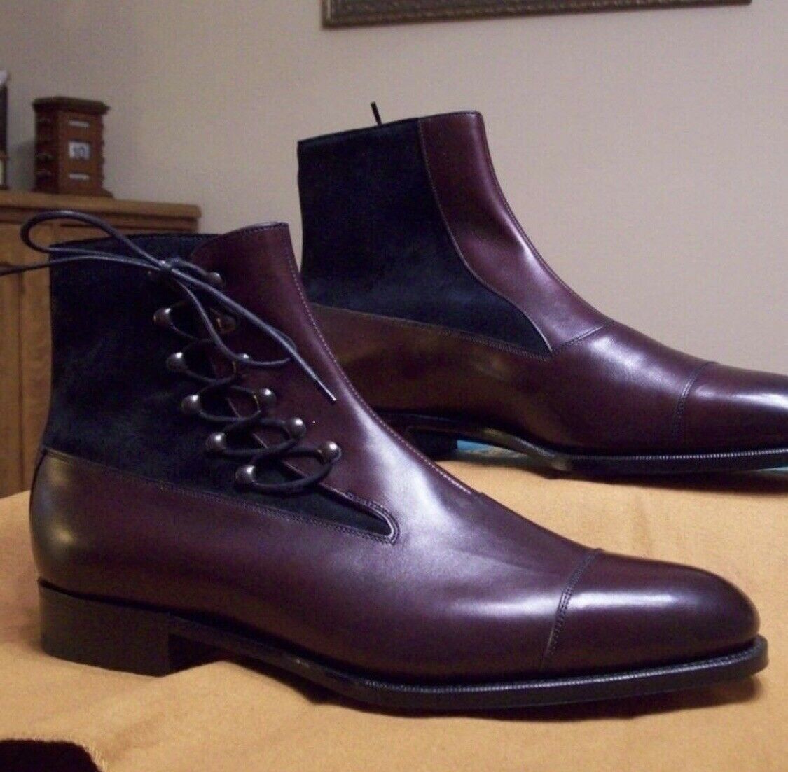 Men's Handmade Maroon Brown Leather & Suede Boots, Men's Wingtip Boots ...