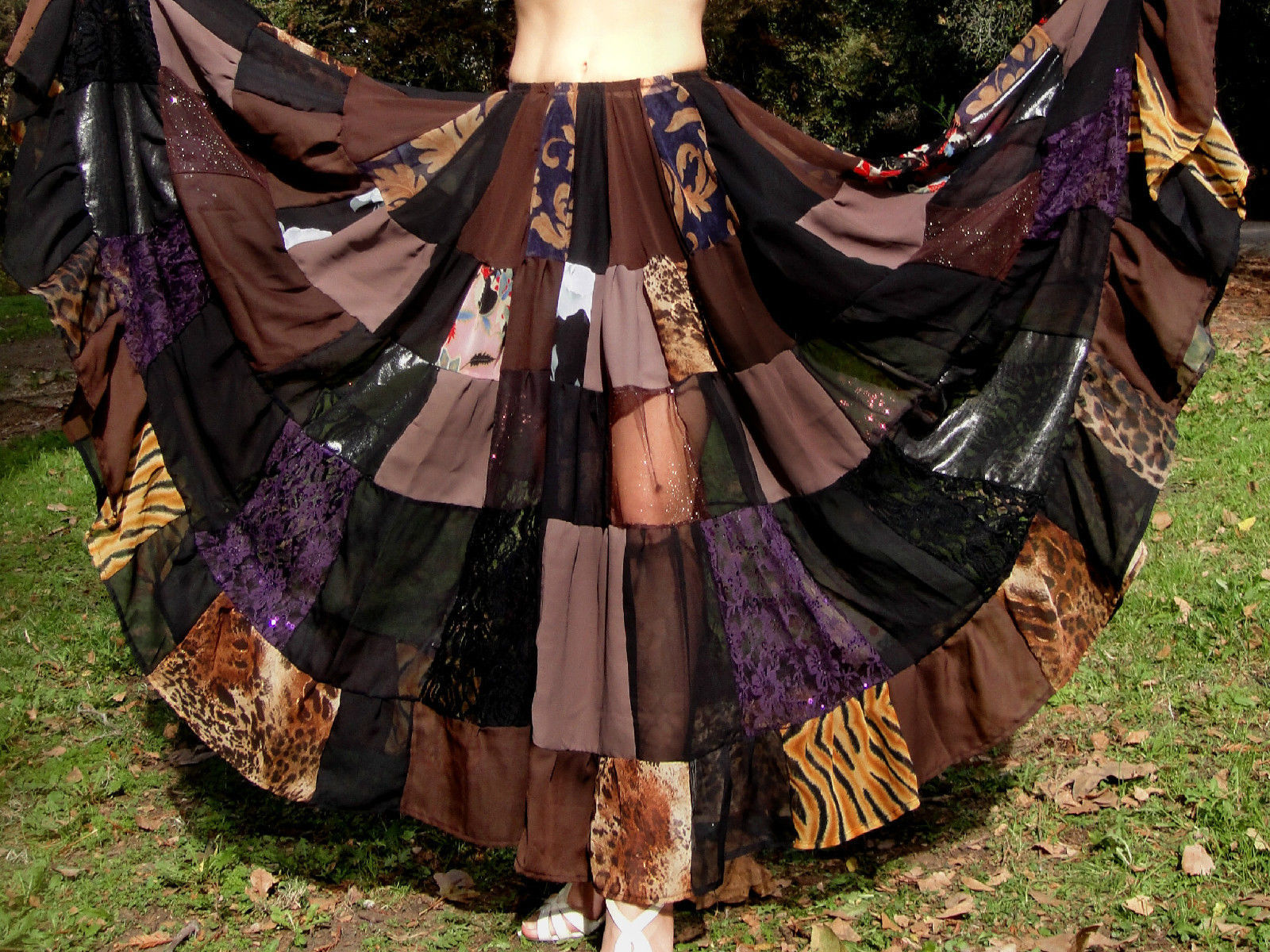 GYPSY BOHO HIPPIE SKIRT FULL CIRCLE BROWN MULTI COLOR PATCH CHIFFON
