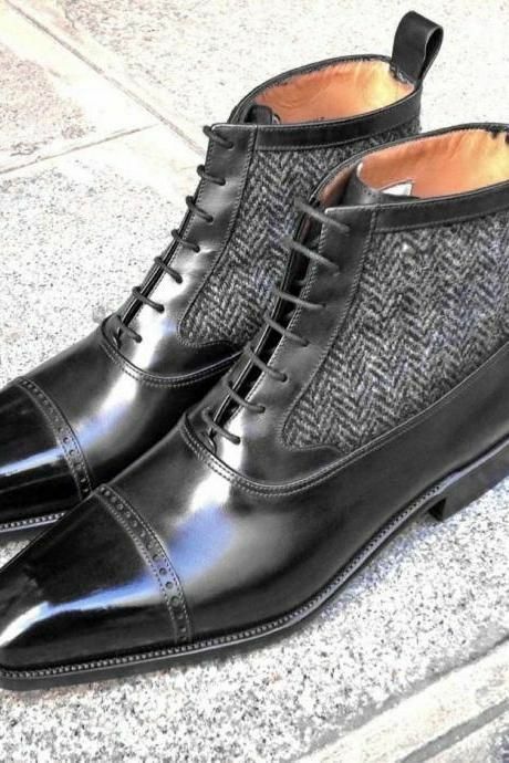 Men Latest Unique Italian Cap Toe Fabric & Leather Boots, botas de cuero 2019