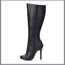 Gothic Wide Leg Buckle Strap Rivet Black Leather Side Zip Up Heel Stiletto Boots image 4
