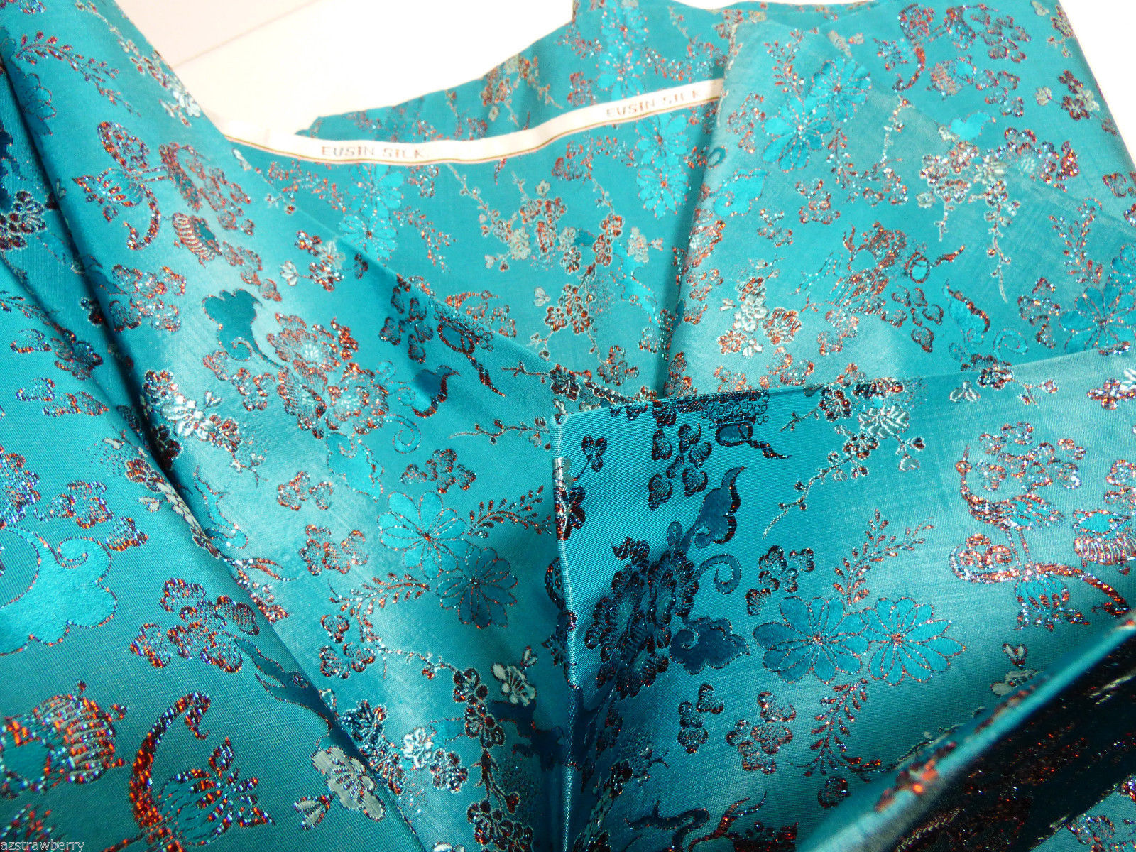 Turquoise Red Metallic Floral Eusin Silk Blend Jacquard Fabric 92