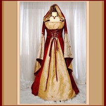 Renaissance Victorian Medieval Flare Sleeve Deep Red Gold Jacquard Lace Up