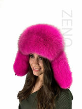 Blue Fox Fur Hat With Suede Trapper Saga Furs Ushanka Aviator Hat Pink Fur Hat image 5