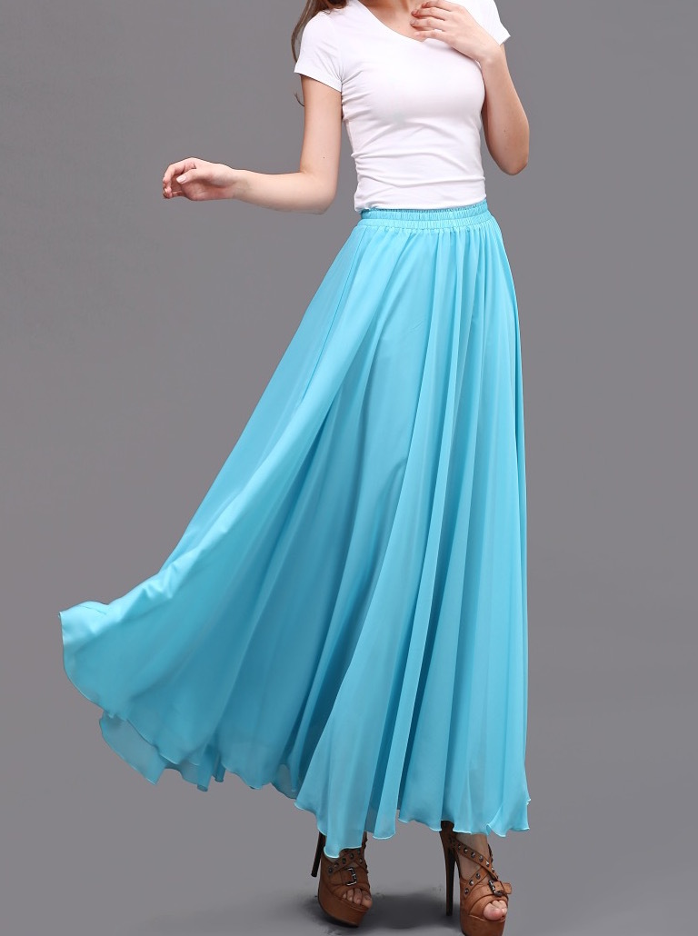 AQUA BLUE Long Chiffon Skirt High Waisted Full Circle Wedding Bridesmaid Skirt