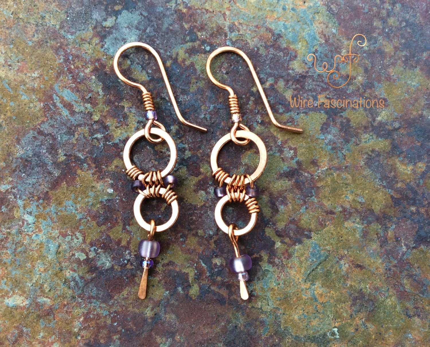 Handmade Copper Earrings Wire Wrapped Rings Lavender Beads And Small Dangle Earrings