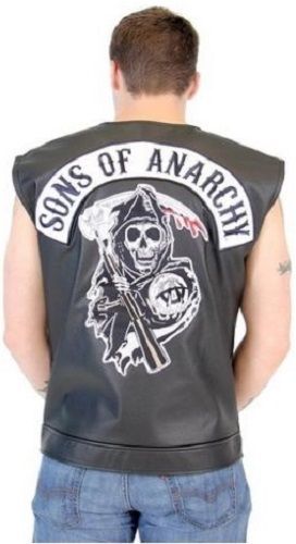 Image of SONS OF ANARCHY BLACK FAUX LEATHER HIGHWAY REAPER PATCH BIKER VEST S-4XL