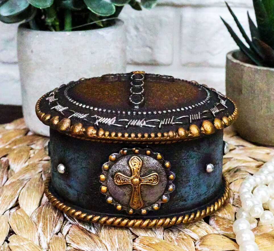 Rustic Western Cowboy Horseshoes Cross Golden Ropes Decorative Jewelry Box