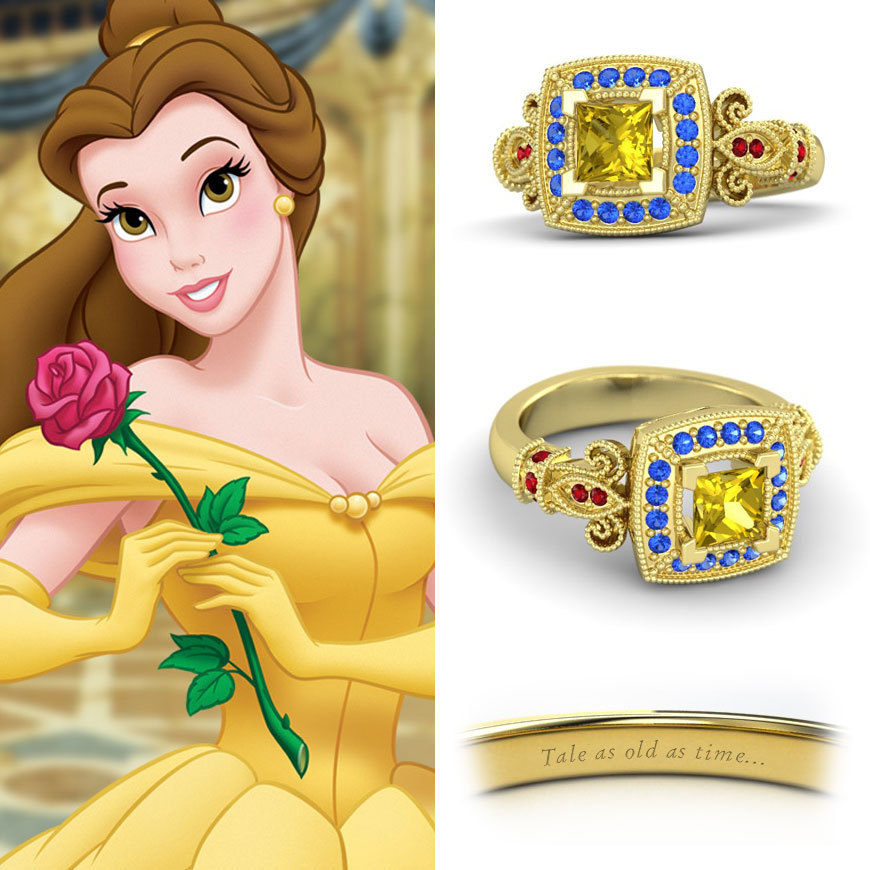 Samsfashion - 18k yellow gold fn .925 silver multi color disney princess belle engagement ring
