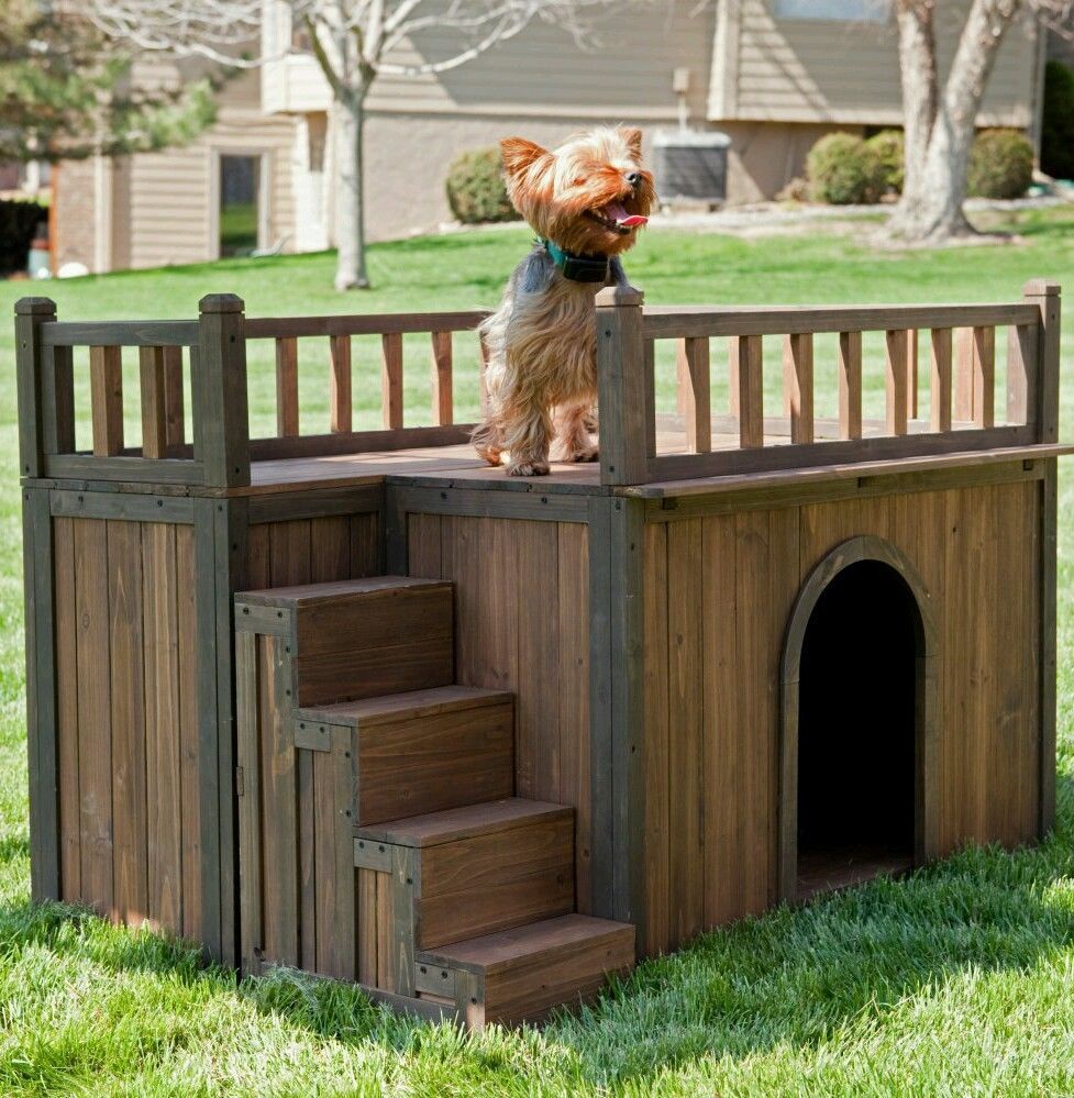 Dog House Pet Wood Kennel Small Shelter Deck Raised Floor Staircase Outdoor Dog Houses