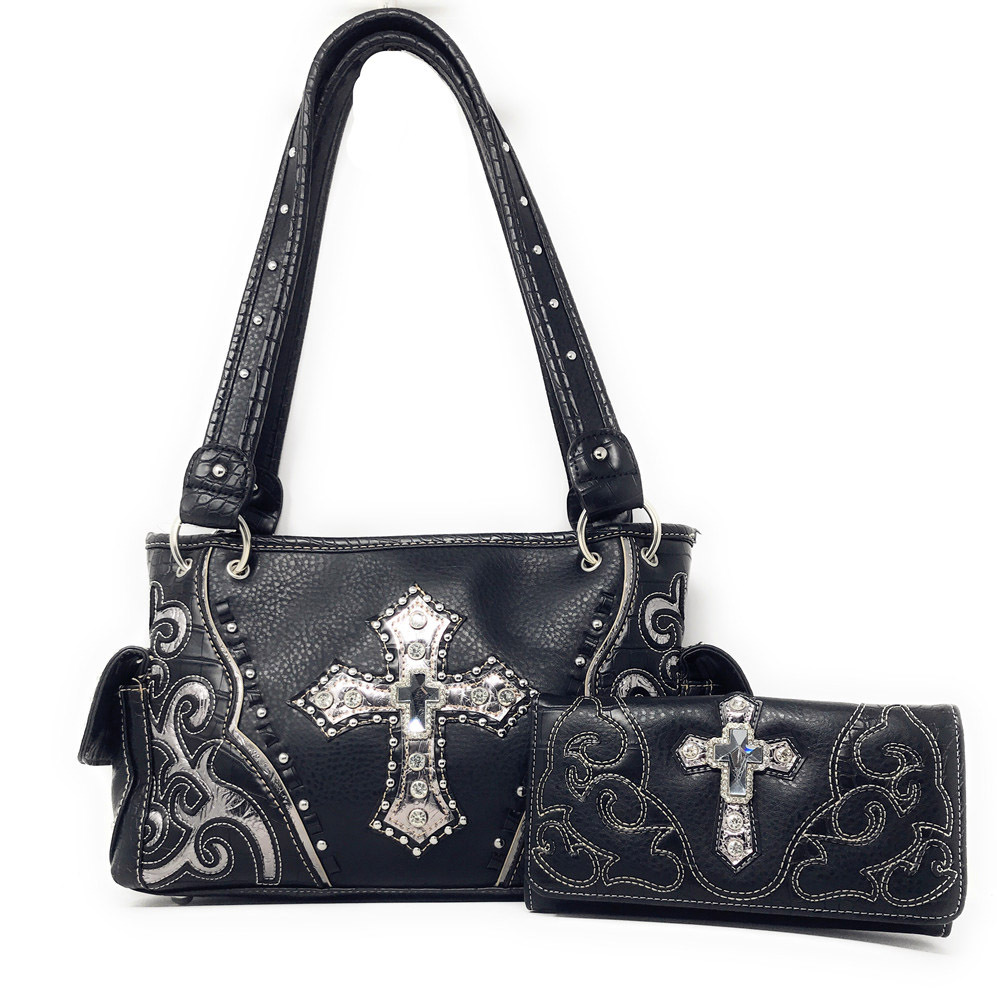 Premium Rhinestone Cross Cut Out Western Embroider Conceal Carry Handbag/Wallet