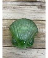 Green Iridescent Art Glass Green Scalloped Shell Paperweight Nautical  - $16.99