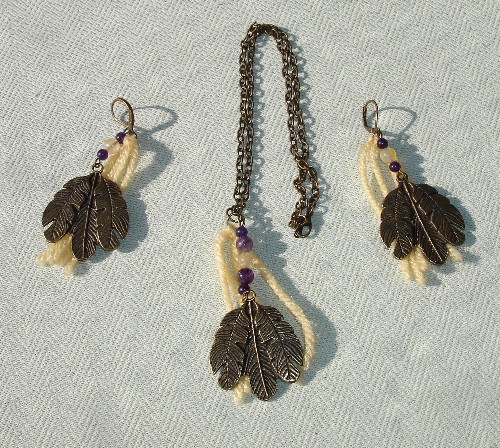 Handmade Bronze Feather & Gemstone Jewelry Set - Necklace & Earrings - Sets
