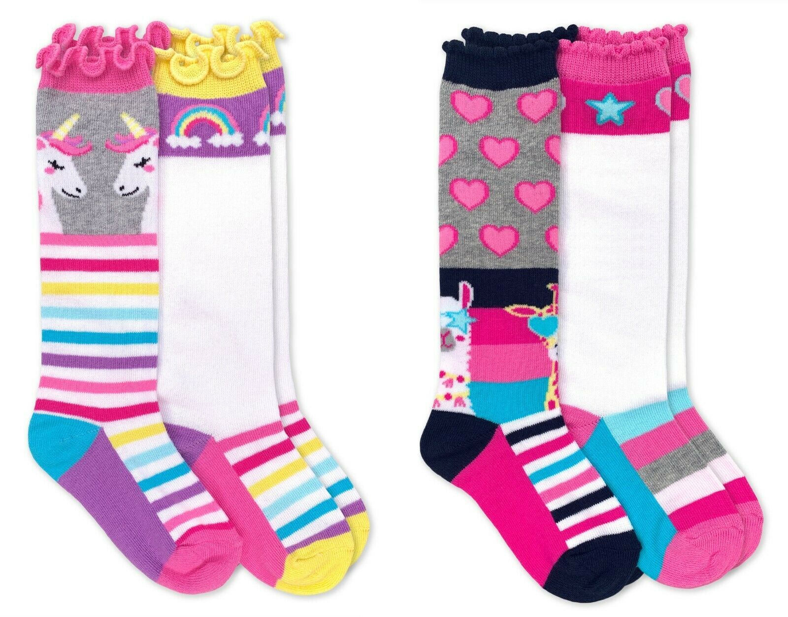 2 Pair Jefferies Socks Girls Rainbow Unicorn Pattern Cotton Tall Knee High Socks