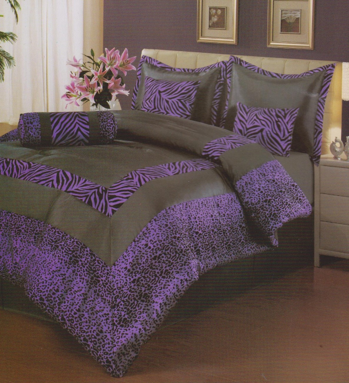 7 Pcs QUEEN Size Comforter Set,PURPLE & Black "ZEBRA ...