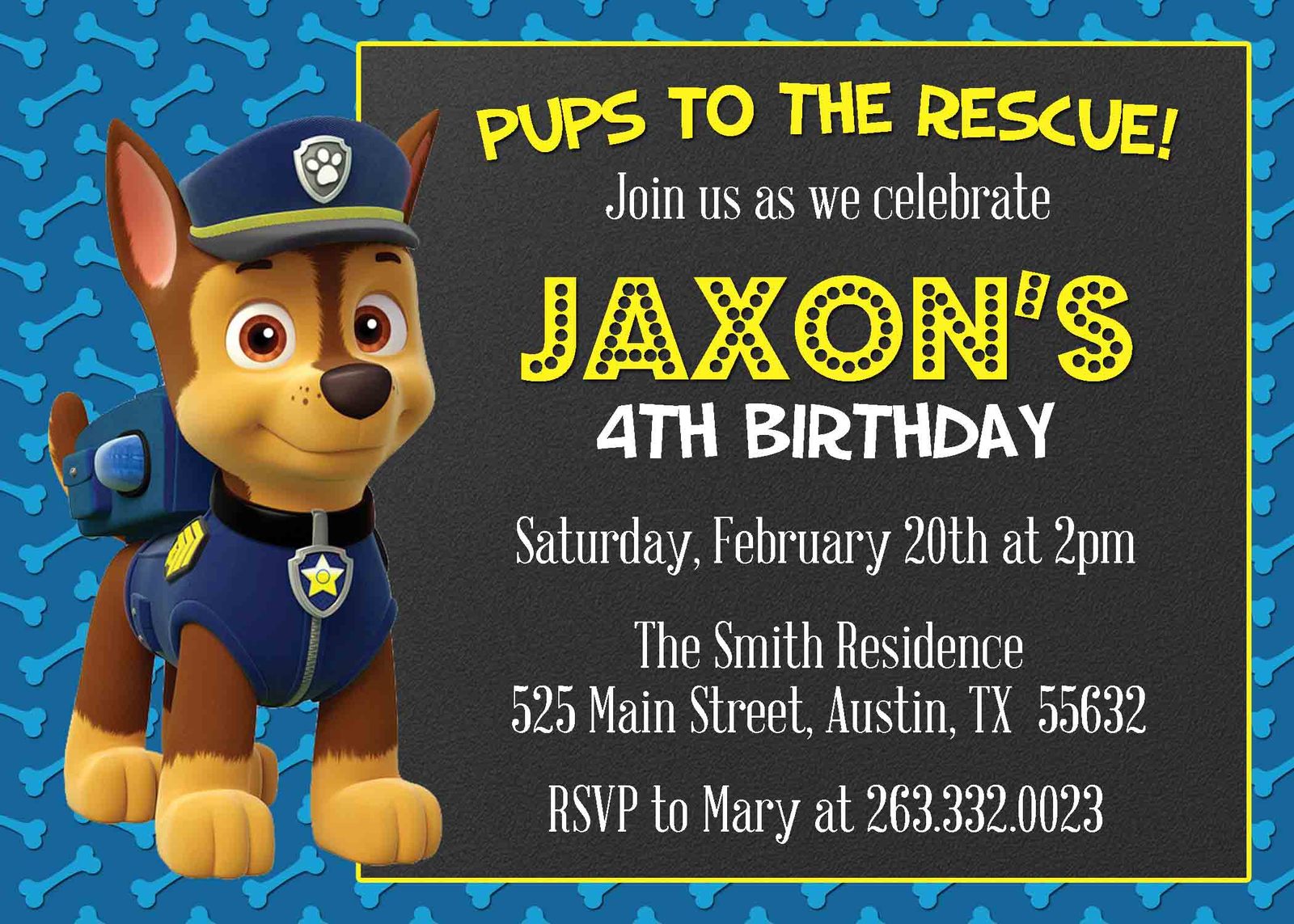 Chase Paw Patrol Birthday Party Invitation Personalized Chalkboard Invitations And Announcements 7337