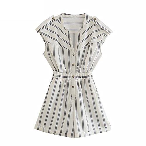 Striped Print Casual Playsuits Female Elastic Waist Buttons Shorts Chic Pockets