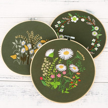 Green Canvas Floral Embroidery Set Flower Pattern Embroidery Kit Hoop Ri... - $9.00