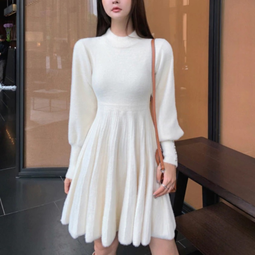 New white knitted long sleeve A-line women knit pleated dress autumn winter