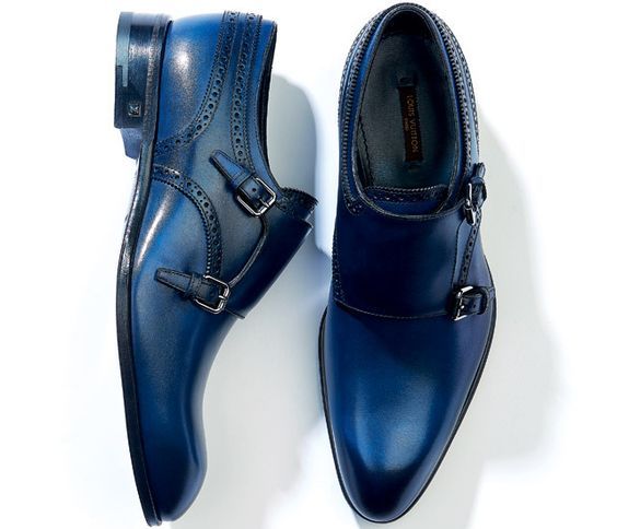 Men Blue Color Monk Double Buckle Strap Plain Rounded Toe Genuine Leather Shoes