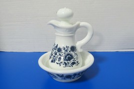 Avon Vintage 1972 Skin So Soft Empty Bath Oil Pitcher Bowl Blue Flowers Stopper - $14.00