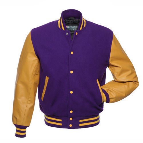 PURPLE Wool Varsity BOMBER BASEBALL Jacket - GOLD YELLOW Leather ...