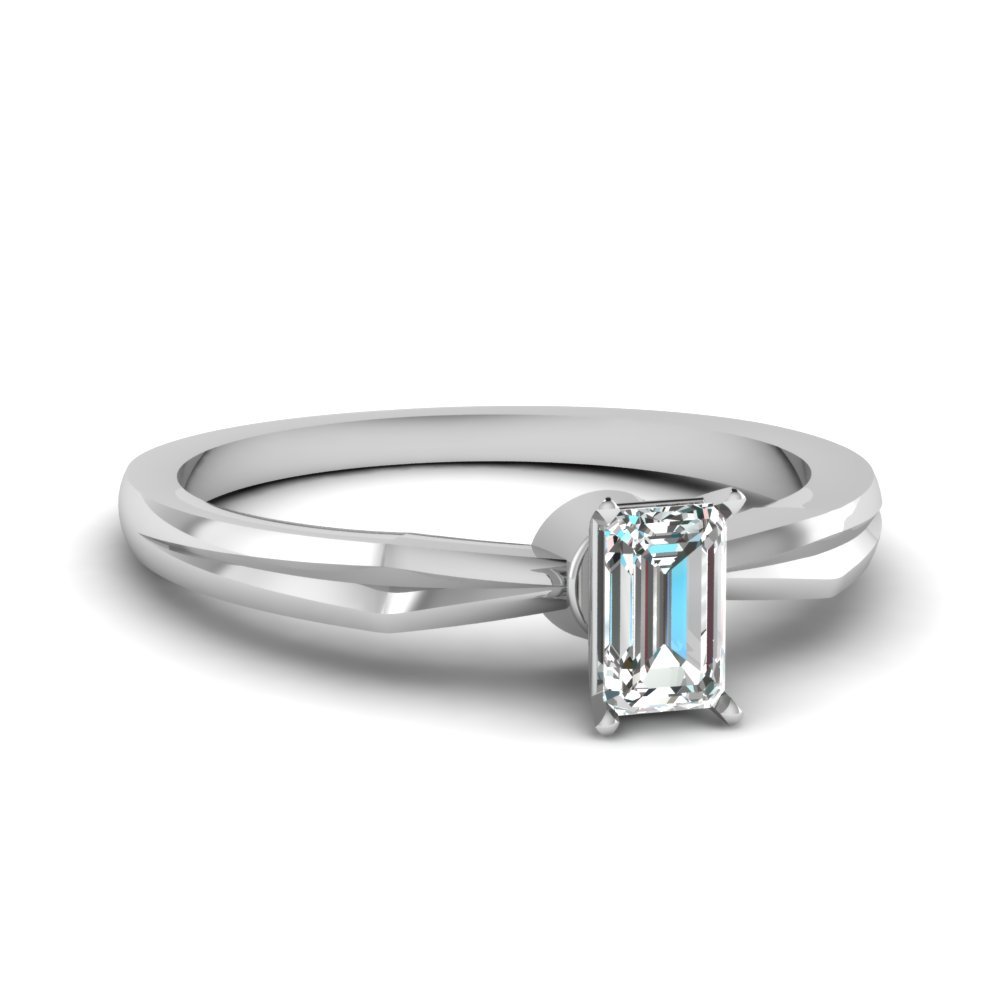Emerald Cut CZ Diamond V Edged Solitaire Engagement Ring 14k White Gold Plated