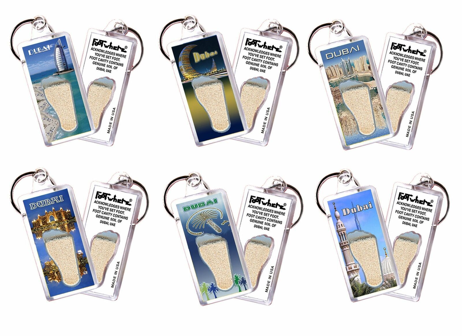 Dubai FootWhere® Souvenir Keychains. 6 Piece Set. Made in USA