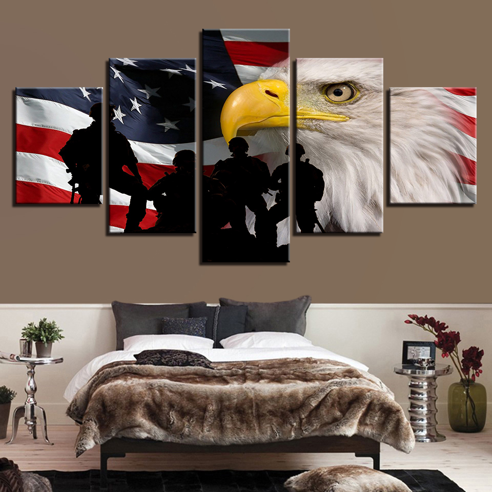 American Flag Soldier Eagle 5 Piece Canvas Art Wall Art ...