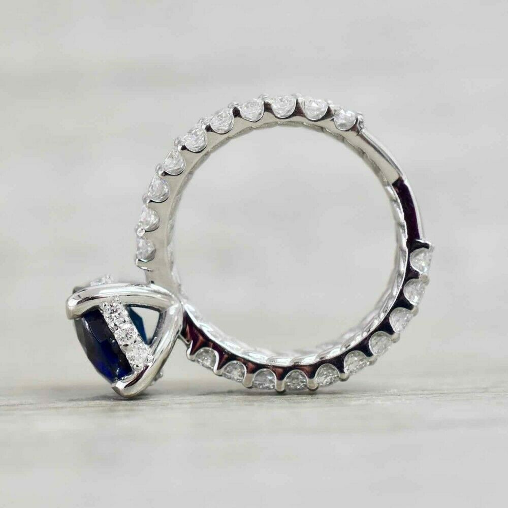 3 CT SAPPHIRE HIDDEN HALO REVERSE SPLIT SHANK ENGAGEMENT RING 14K WHITE