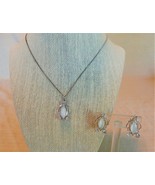 Vintage silver tone, rhinestone, &amp; luminescent cabochon necklace &amp; earri... - $12.00