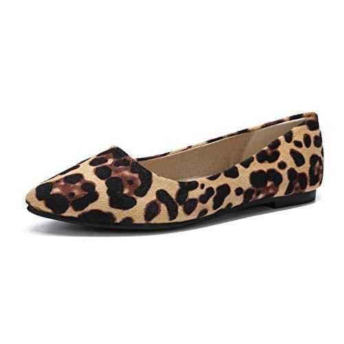 MAIERNISI JESSI Women's Casual Leopard Print Pointed Toe Ballet Flat Shoes Khaki Flats & Oxfords
