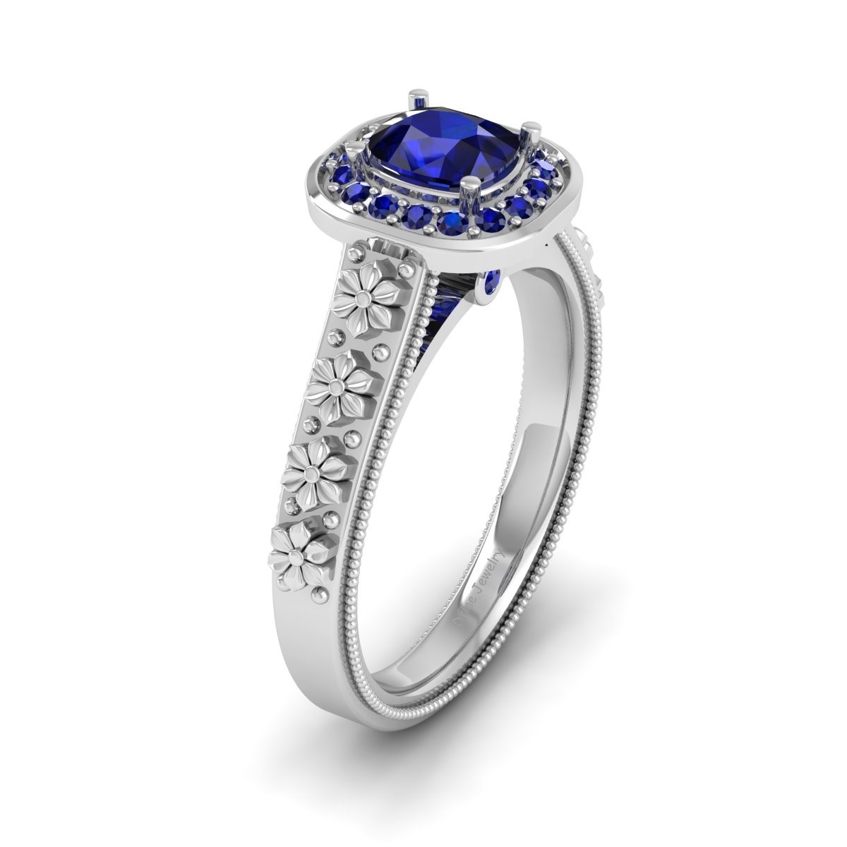 Dfj - Solid 925 sterling silver cushion cut blue sapphire halo engagement ring jewelry