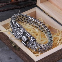 Viking Bracelet Odin&#39;s Wolf Fenrir Geri and Freki Head Link Chain Armrin... - $49.99