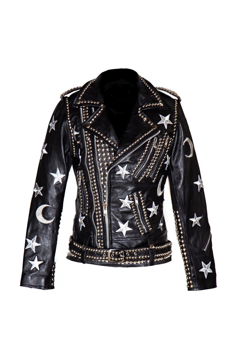 Women Luna Moon Star Leather Jacket, Hazmat Design Studded Rock Roll