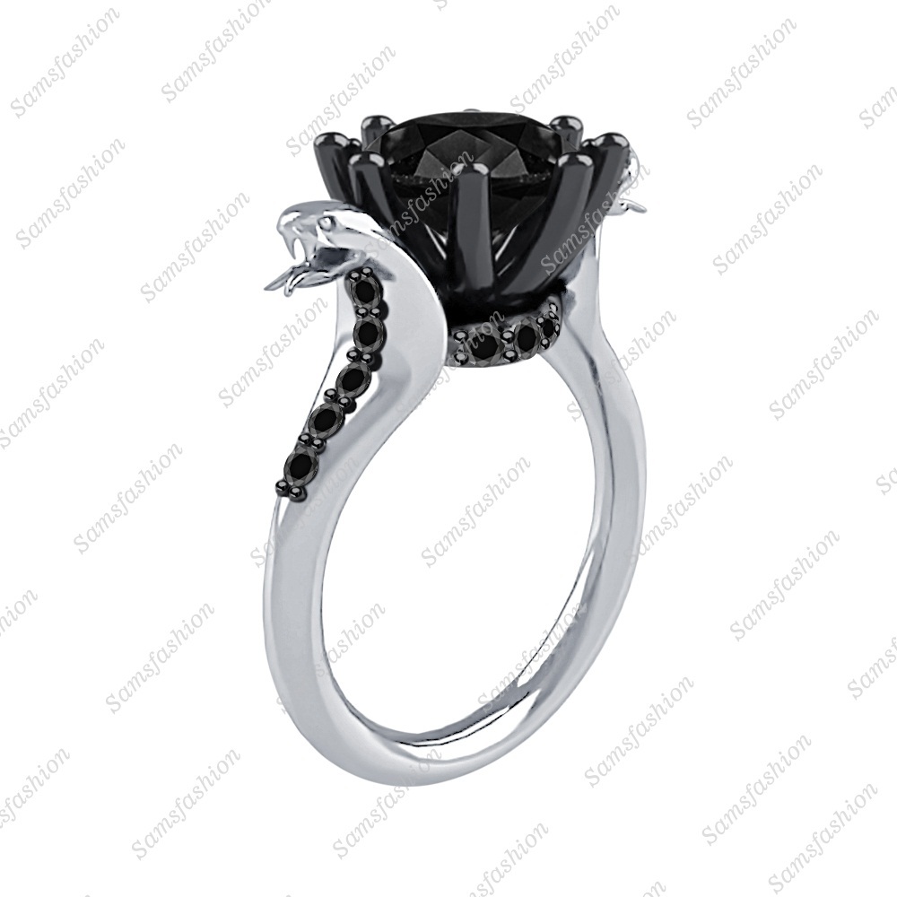 Solitaire Black CZ Diamond 14k White Gp 925 Silver Cobra Snake Engagement Ring