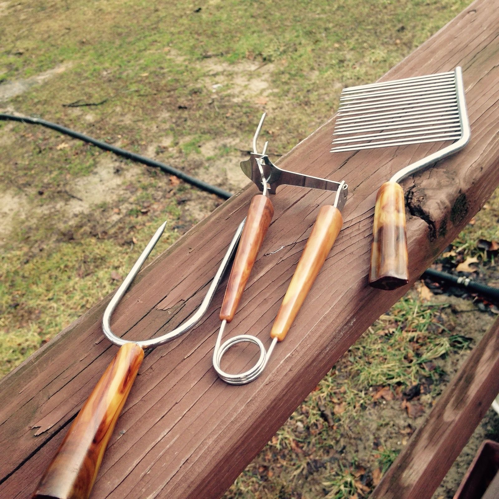 3 Vtg Cheese Slicer Meat Fork Skewer Roast Holder Butterscotch Bakelite