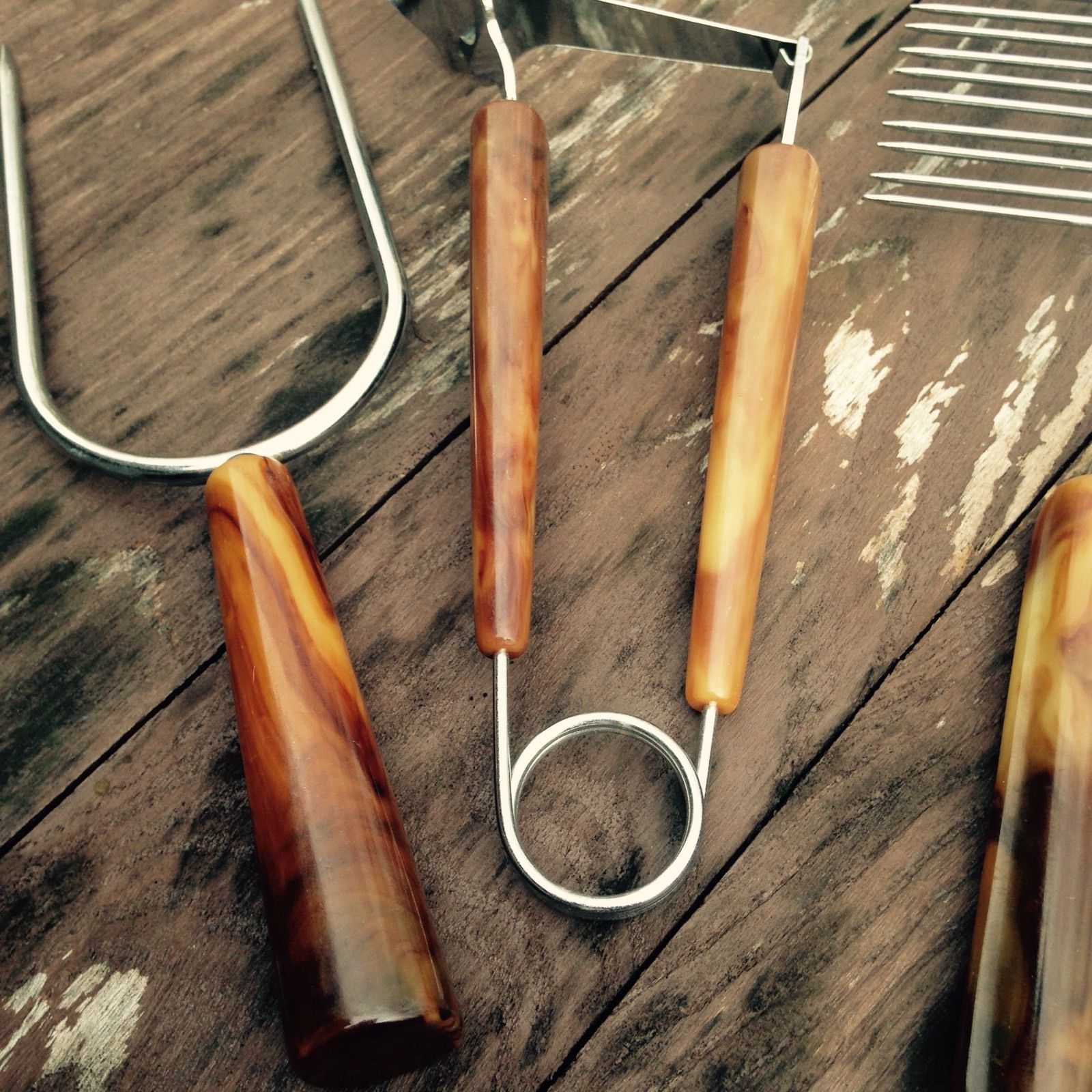 3 Vtg Cheese Slicer Meat Fork Skewer Roast Holder Butterscotch Bakelite