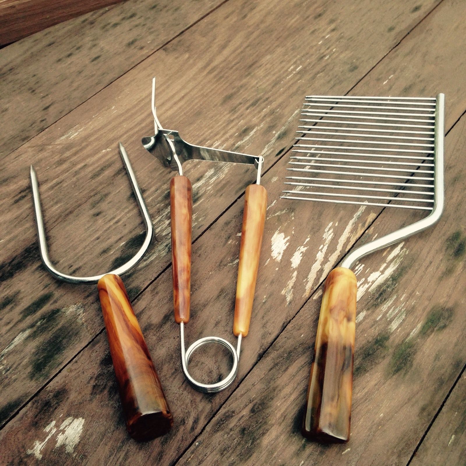 3 Vtg Cheese Slicer Meat Fork Skewer Roast Holder Butterscotch Bakelite