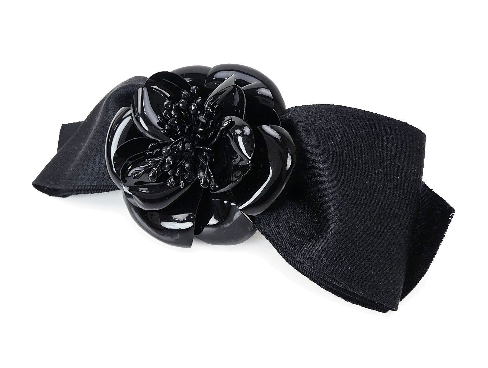 Authentic Vintage CHANEL Black Ribbon Camellia Barrette Hair Clip ...