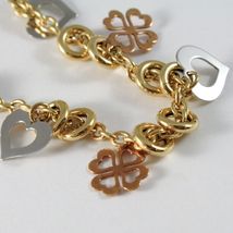 18k YELLOW WHITE ROSE GOLD BRACELET, ROLO, CIRCLE, HEART AND FOUR LEAF PENDANT image 3