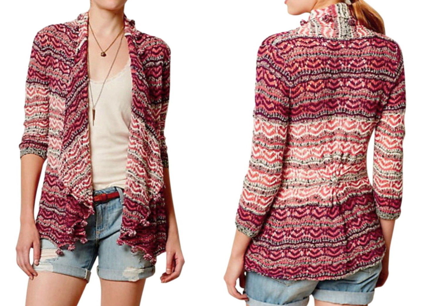 Primary image for Anthropologie Kasimira Jacquard Cardigan Small 2 4  Red Sweater Moth Pom Poms