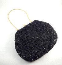 Black Beaded Bag, Vintage 1950s Small Formal Evening Bag with Gold Serpentine  - $48.00