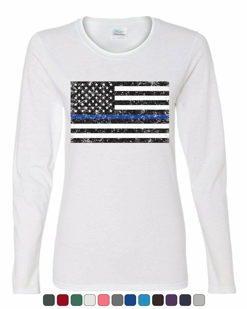 American Flag Thin Blue Line Women's Long Sleeve Tee Police USA Law Enforcement