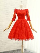 Rosyfancy Lace Sleeved Puffy Skirt Knee Length Short Formal Party Dress - $140.00