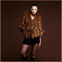 Long Hair Dog Racoon Faux Fur Trimmed Collar Sleeve Leopard Faux Fur Coat Jacket