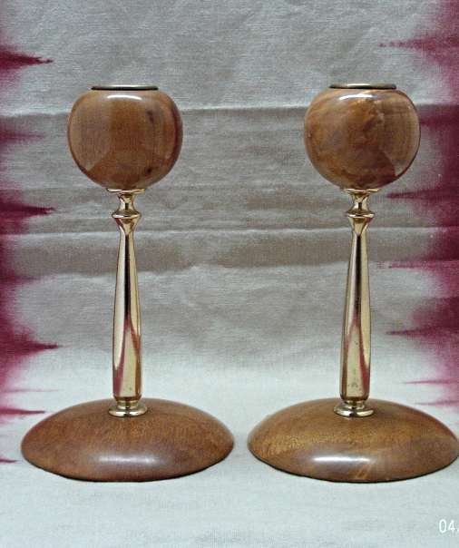 Vintage Mid Century Modern Turned Wood & Metal Taper Candle Holders Candles, Holders
