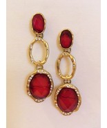Red Stone Earrings Clear Faceted Rhinestones Gold Metal Pierced Post Dangle - $29.00