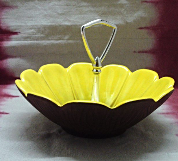 Vintage California Pottery SUNFLOWER Candy Dish // Bowl with Handle