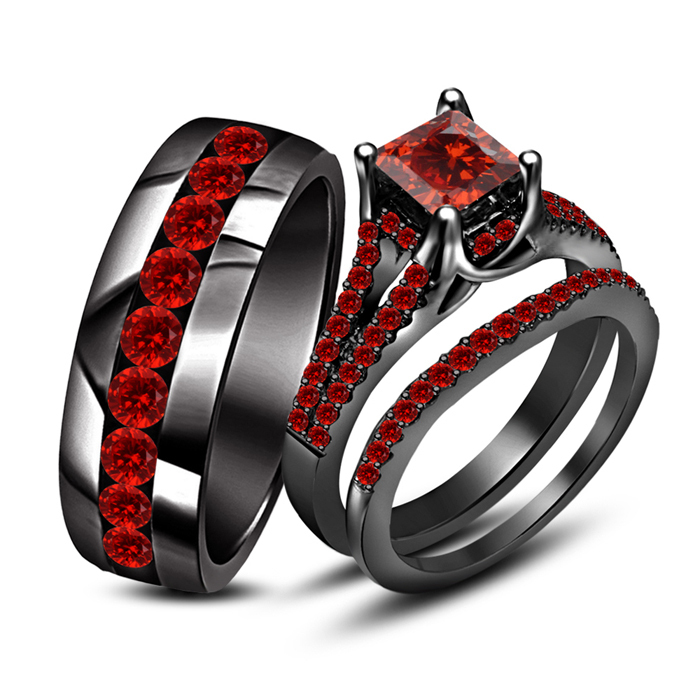 925 Silver 14k Black Gold Fn Princess Cut Red Garnet Engagement Trio Ring Set