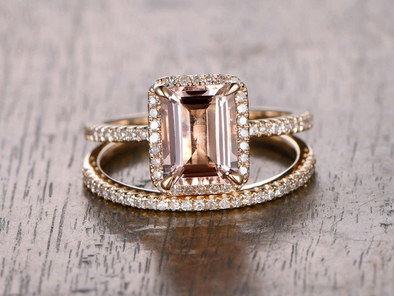6X8mm Emerald Morganite & Diamond Promise Wedding Ring Set 14K Rose Gold Over